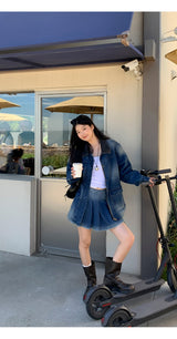 denim loose fit collar zip-up jacket two-piece (skirt set)