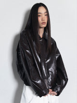 Glossy Leather Bomber Jacket_Brown