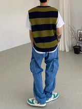 Stripe round neck knit vest 2C