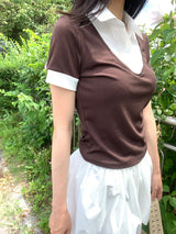 Cafe Layered Pintuck Shirt Brown Short Sleeve Tee (Brown)