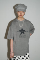ウォッシュ加工スターオーバーサイズTシャツ (グレー)