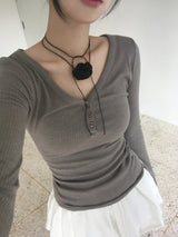 V-Neck Button Long Sleeve T