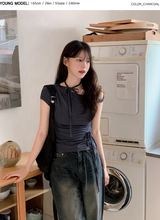 リボンストラップオフショルダーショートスリーブTシャツ (5color)