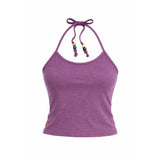 Beads Pigment Halter Neck Sleeveless Purple