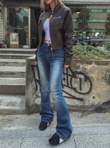 Hip-point bootcut denim pants