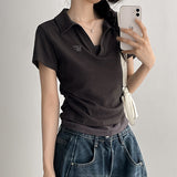 [Shirring T-shirt🤍] Open collar polo layered short-sleeve (5 colors)