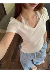 White lace halter layered short-sleeved T-shirt