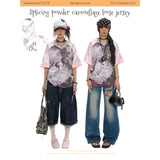 BETWEENAND Summer Millennium Pink Camo-Print V-Neck Loose Short-Sleeve T-Shirt for Women