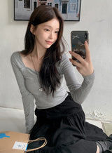 Raymi Heart Neck Shirring Slim Rib T-Shirt (4color)