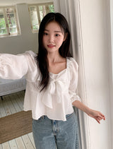 #Fairy Ribbon Puff Long Sleeve Blouse (4color)