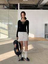 Black Strap Point Long-Sleeved Slim T-Shirt