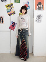 Denim patchwork checked fishtail skirt