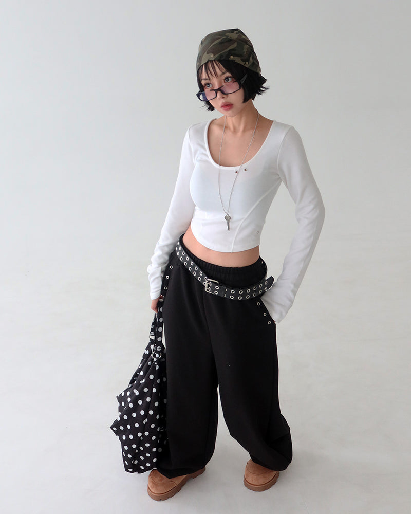 Punching eyelet string wide pants