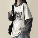 チェミン ストライプ カラーマッチ レイヤード フーディー ロングスリーブTシャツ