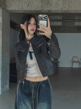 Oul vintage washing biker leather jacket