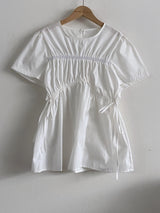 Memory Round-Neck Drawstring Shirring Summer Blouse 2 Colors