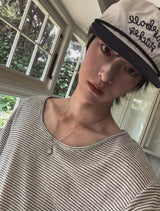 ボニーリネンストライプUネック半袖Tシャツ