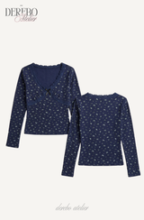 Blue Floral Deep V Long Sleeve T-shirt