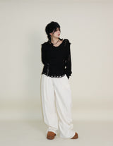 ラバーVネックダメージカットポイント長袖ニット (wool material)