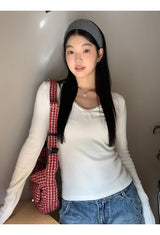 Pearl Bow V-neck V-neck V-neck Long Sleeve T-shirt