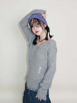 ラバーVネックダメージカットポイント長袖ニット (wool material)