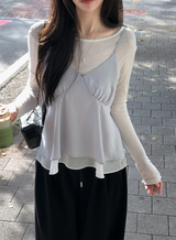 [SHOPPERMADE] サテンシルキーシフォンスリーブレスブラウス
