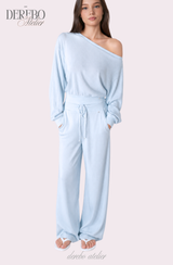 ワッフル アシンメトリカル オフショルダー スウェットパンツ セット (TOP+PANTS SET)