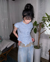 (2color) Ruffle Shirring Check Cap Blouse