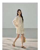 [SET] Eyelet Bell Sleeve Blouse & Mini Skirt Set