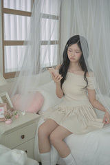Open shoulder gathering mini dress - skin