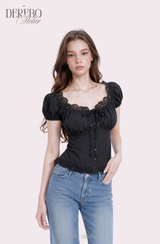 Black lace square short-sleeve blouse