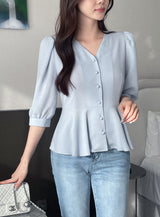 Lua V-neck Peplum Three Quarter Blouse