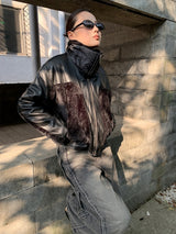 Black fur high-neck zip-up leather jacket