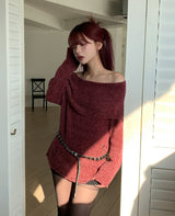 [Wool 25%] Kae Mix Damage Off-Shoulder Knit