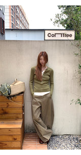 high-neck button bold ribbed loose fit knitwear