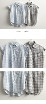 Retro Mood Sleeve Roll-Up Checkered Shirt Blouse