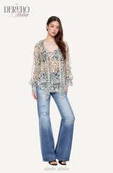 Leopard see-through frill blouse