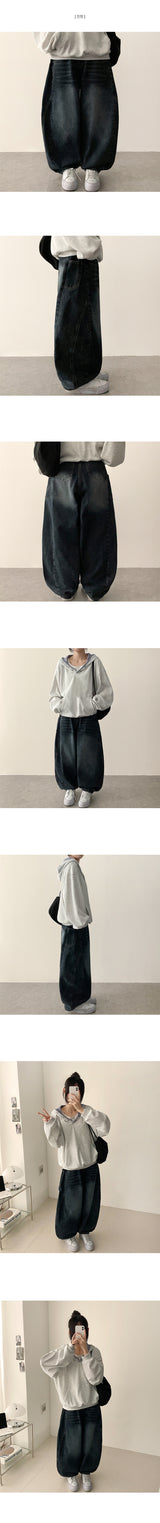 Loen pocket incision line washing balloon wide denim pants