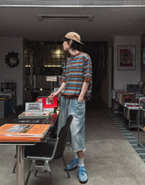 ノラストライプヘンリーネックショートスリーブニット