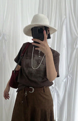 SUEDE UNBALANCE SKIRT WITH BELT SET (BROWN)