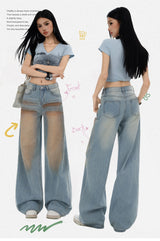 Light blue gradient blush washed straight leg floor-length jeans