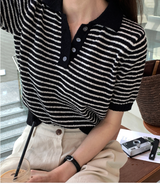 Slow Collar Striped Short Sleeve Knit / 5 Colors