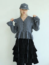 BUTTON CHECK FRILL BLOUSE(BLUE)