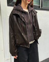 Janu Check String Pocket Leather Layered Hooded Jumper