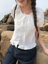 Beson Lace Button Ribbon Frill Blouse