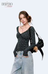 Blue Floral Deep V Long Sleeve T-shirt