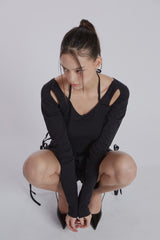 HALTER NECK SHIRRING TOP(BLACK)