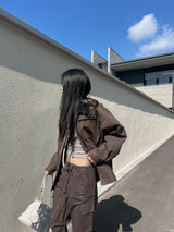 スチールジッパー カーゴコットン ロングワイドワークパンツ (4 colors)