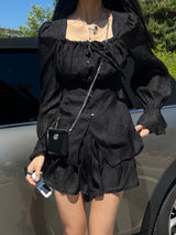 Ribbon puff strap blouse skirt pants setup SET (3 colors)