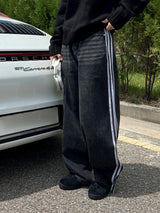 Gradient washing waist strap adjustable string three stripe track denim pants (2 colors)